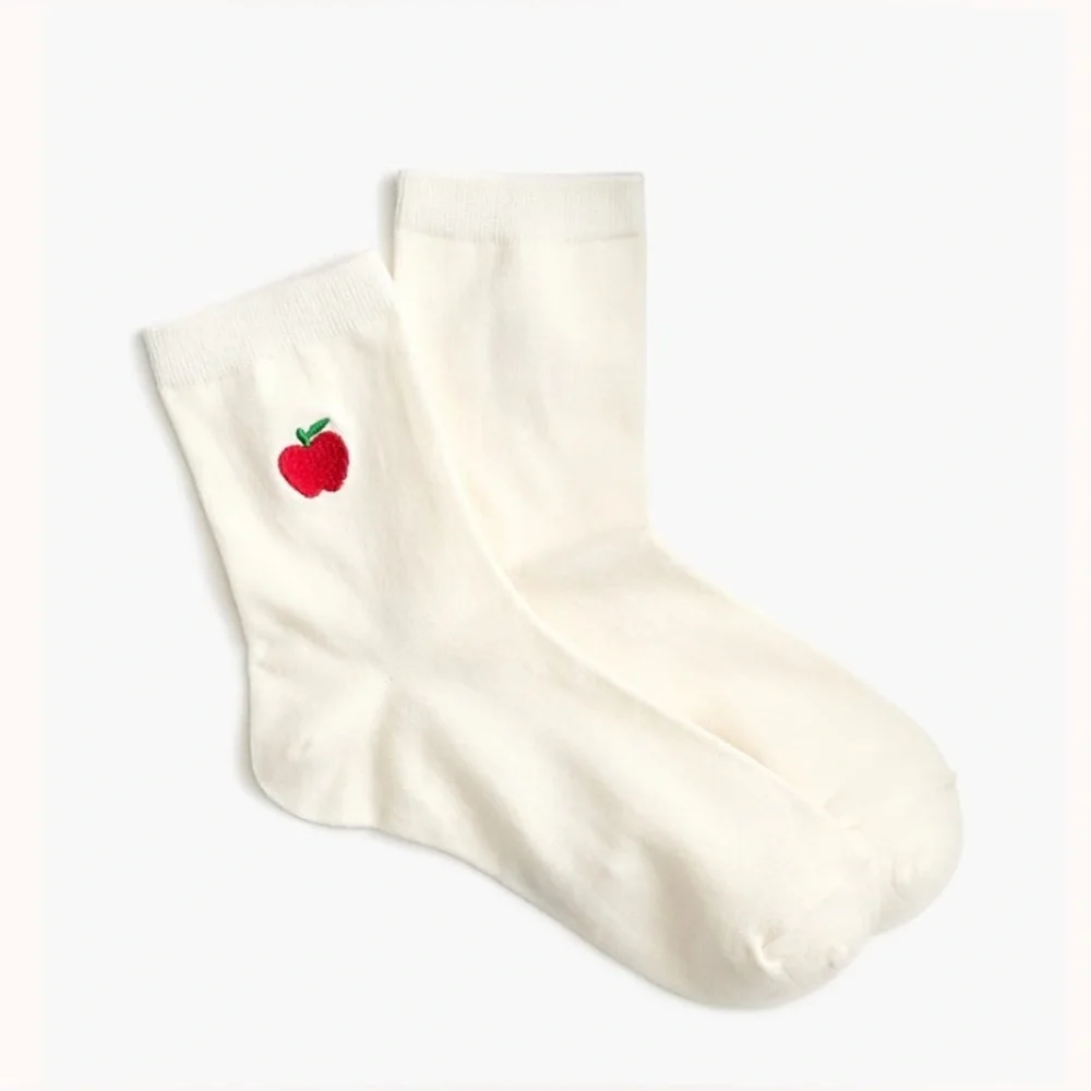 J. Crew Cream Boot Socks with Apple and Heart Embroidery 2 Pack
